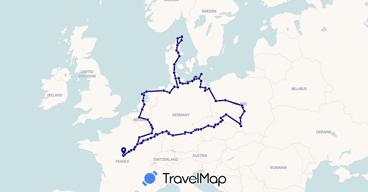 TravelMap itinerary: driving in Belgium, Czech Republic, Germany, Denmark, France, Luxembourg, Netherlands, Poland (Europe)